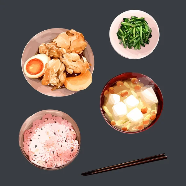 チキンウイング 多粒米と豆腐とキノコスープ 手描き水彩ベクトルイラスト — ストックベクタ
