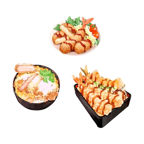 カツ丼と天ぷらの盛り合わせ 手描き水彩ベクトルイラスト — ストックベクタ