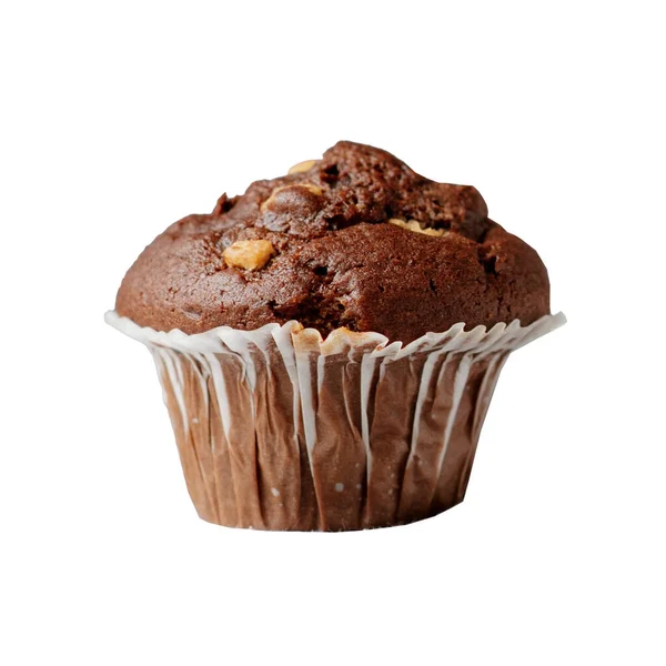 Chocolade Muffin Met Stukjes Chocolade Geïsoleerd Witte Achtergrond — Stockfoto