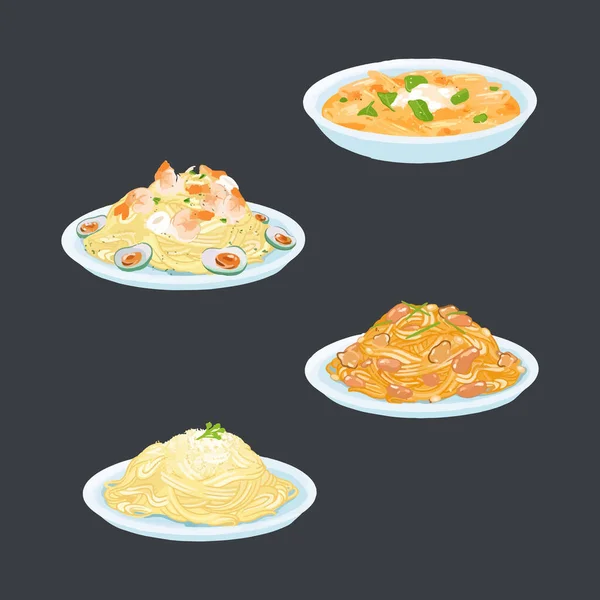 Ensemble Spaghettis Isolés Sur Fond Blanc Illustration Vectorielle Aquarelle Dessinée — Image vectorielle