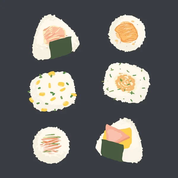 Set Dari Bola Nasi Jepang Yang Berbeda Dengan Kata Hiragana - Stok Vektor