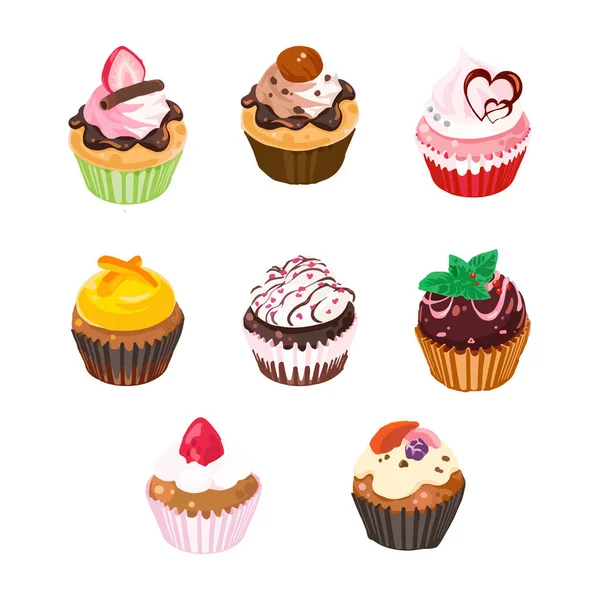 Zet Cupcakes Een Witte Achtergrond Handgetekende Aquarel Vector Illustratie — Stockvector
