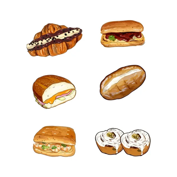 Set Breads Pastries Watercolor Vector Design Elements — Stock Vector