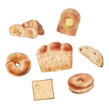 Ekmek seti. El çizimi suluboya vektör çizim elementleri