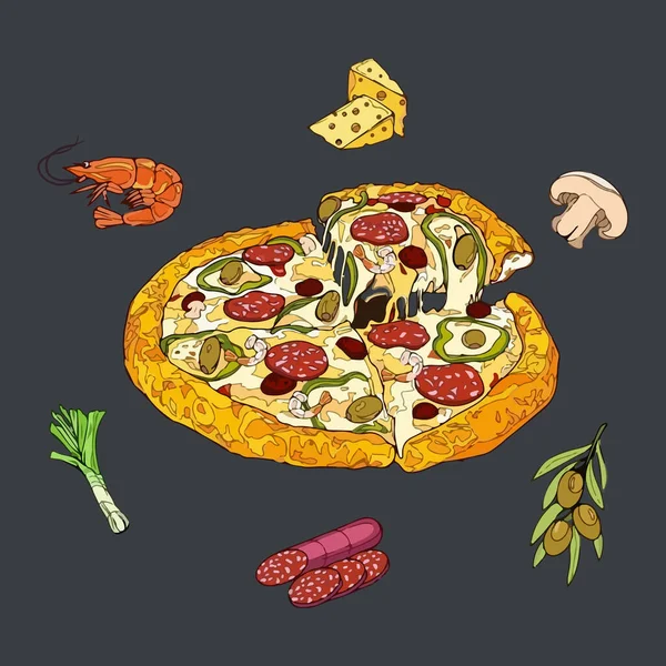 Italiaanse Pizza Handgetekende Aquarel Vector Illustratie — Stockvector