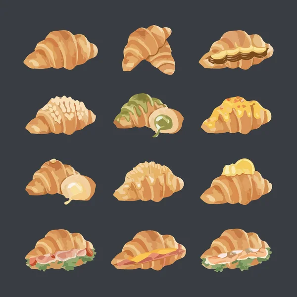 Set Croissant Sandwich Dalam Gambar Vektor Gaya Cat Air - Stok Vektor