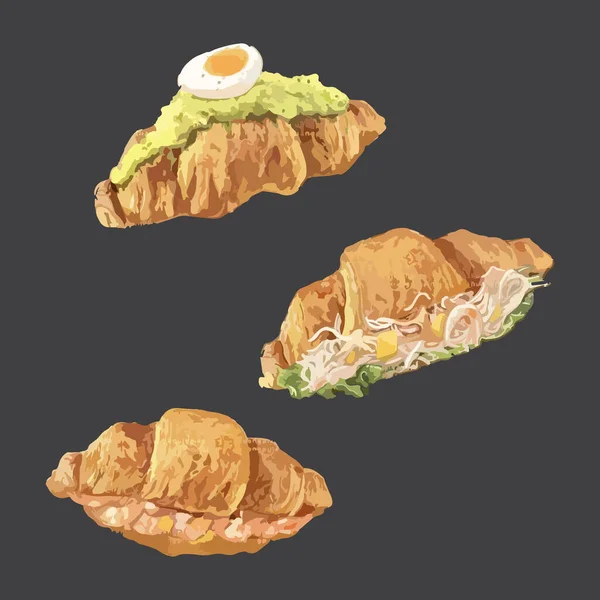Készlet Croissant Szendvicsek Akvarell Stílusú Vektor Illusztráció — Stock Vector