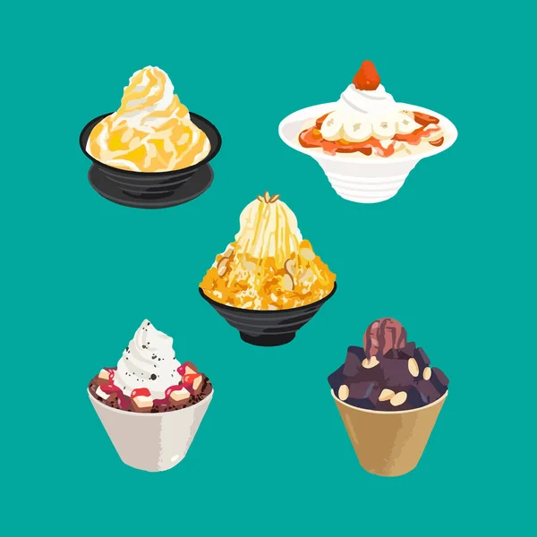 Sweet Korean Bingsu Ice Cream Different Flavour Traditional Desserts Milk — Stock Vector