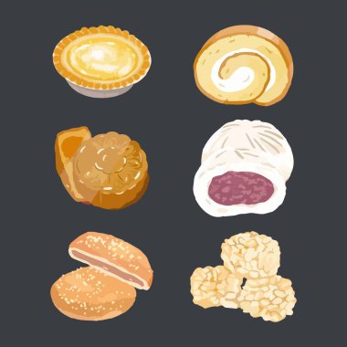 Çin çöreği seti. El çizimi suluboya vektör çizimi. Yumurtalı tart, İsviçre böreği, eş pastası, ay pastası, çörekler, Sachima