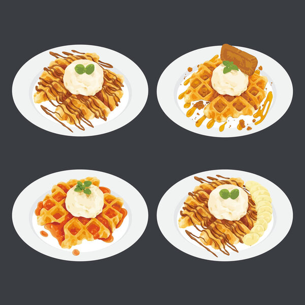 Набор вафель с мороженым на тарелке. Векторная иллюстрация ручной работы