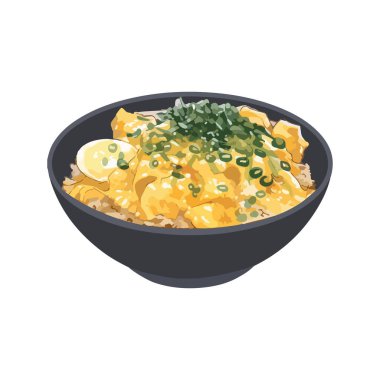 Oyakodon, tavukla kaplı bir kase pirinç. El çizimi suluboya vektör çizimi