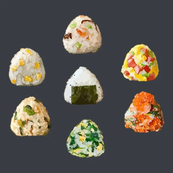 Набор Различных Японских Рисовых Шариков Словом Хирагана Означает Onigiri Японская — стоковый вектор