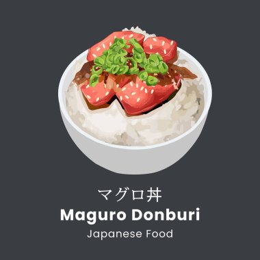 Maguro Donburi. Çiğ ton balıklı pilav. Japon yemeği tarzı. Vektör illüstrasyonu