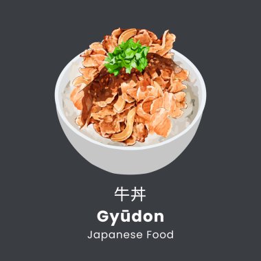Japon sığır eti kasesi ya da Gyudon. Japon yemeği tarzı. Vektör illüstrasyonu