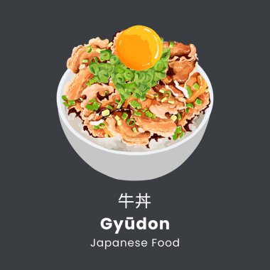 Japon sığır eti kasesi ya da Gyudon. Japon yemeği tarzı. Vektör illüstrasyonu