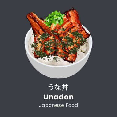 Japon yılan balığı pirinç kasesi ya da Unagi don ile ızgara. Japon yemeği tarzı. Vektör illüstrasyonu