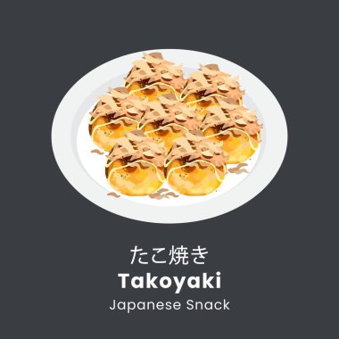 Takoyaki topu mu yoksa tabakta Octopus topu mu? Japon atıştırmalıkları. Vektör illüstrasyonu siyah arkaplanda izole edildi.