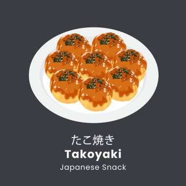 Takoyaki topu mu yoksa tabakta Octopus topu mu? Japon atıştırmalıkları. Vektör illüstrasyonu siyah arkaplanda izole edildi.