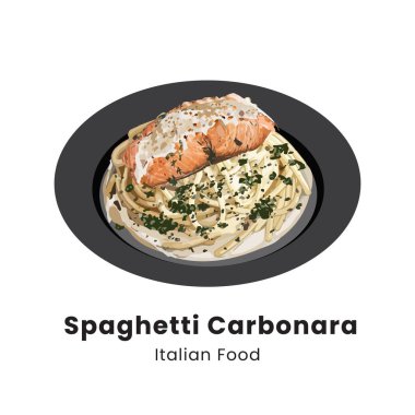 Kremalı spagetti carbonara üstü fırında taze somon ve garnitür olarak da yeşil maydanoz. Vektör illüstrasyonu