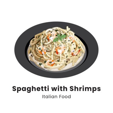 Ağır kremalı spagetti ve sarımsak soslu kızarmış karides ve parmesan peyniri. Vektör illüstrasyonu