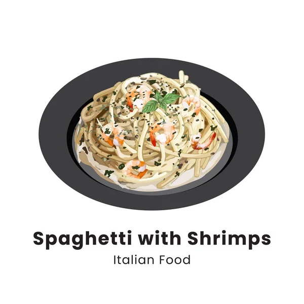 Spaghetti Heavy Cream Roasted Shrimps Garlic Sauce Parmesan Cheese Vector — Stock Vector