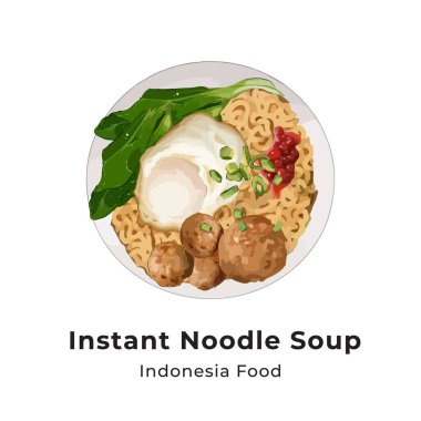 Mie Kuah ya da pokcoy soslu hazır şehriye çorbası, yumurta, köfte ve doğranmış yeşil soğan. Endonezya yemeği. El çizimi suluboya vektör çizimi