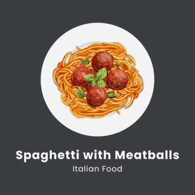 Köfte ve domates soslu spagetti. El çizimi suluboya vektör çizimi
