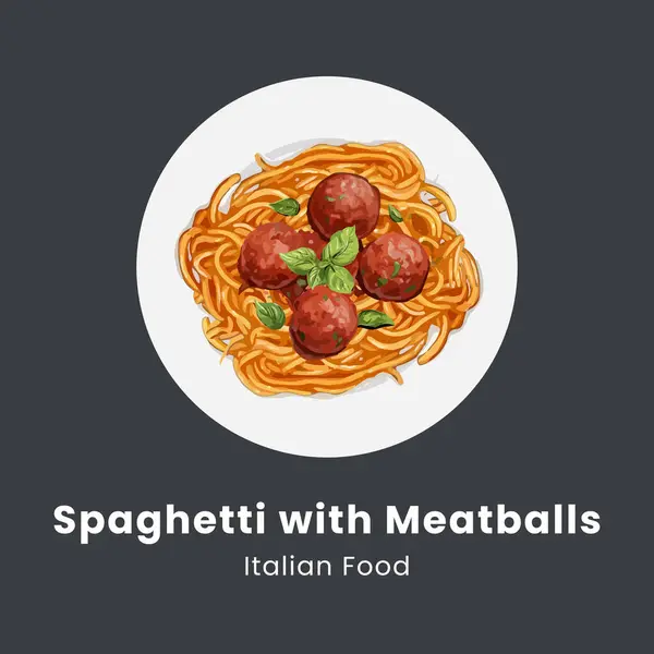 Spaghetti Mit Frikadellen Und Tomatensauce Handgezeichnete Aquarell Vektorillustration — Stockvektor