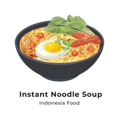 Mie Kuah ya da sebzeli hazır şehriye çorbası, yumurta ve sosis. Endonezya yemeği. El çizimi suluboya vektör çizimi
