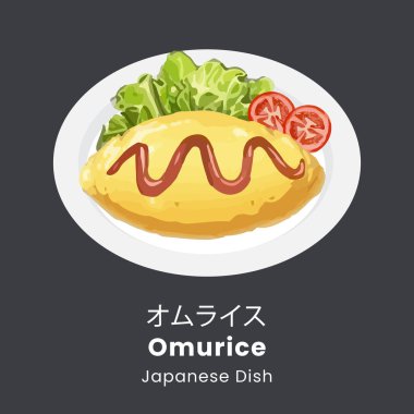 Beyaz tabakta Japon omleti tarzı omlet. Kremalı yumurta aşçısı. El çizimi suluboya vektör çizimi 