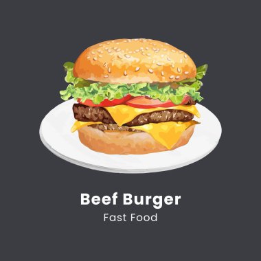 Biftek Burger. Klasik Hamburger. El çizimi suluboya vektör çizimi