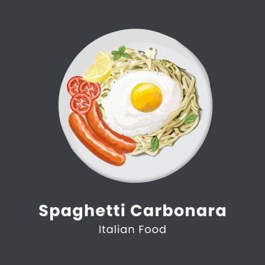 Tabakta kremalı spagetti carbonara, üstünde yumurta, garnitür olarak da sosis ve fesleğen. El çizimi suluboya vektör çizimi