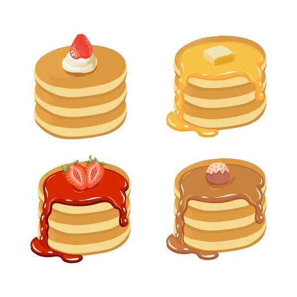 一套不同配料的煎饼 用糖浆或蜂蜜烘焙 早餐的概念 在白色背景上孤立的向量图 — 图库矢量图片