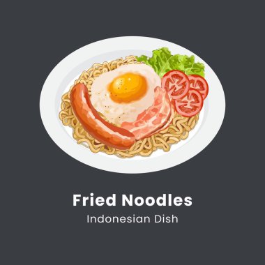 Endonezya usulü kızarmış erişte (mie goreng). Suluboya el çizimi çizimi.