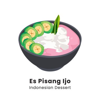 Es Pisang Ijo ya da yeşil muz buzu, Güney Sulawesi, Endonezya 'dan tipik yiyecek. Yeşil un hamuruyla kaplı muz. El çizimi vektör illüstrasyonu