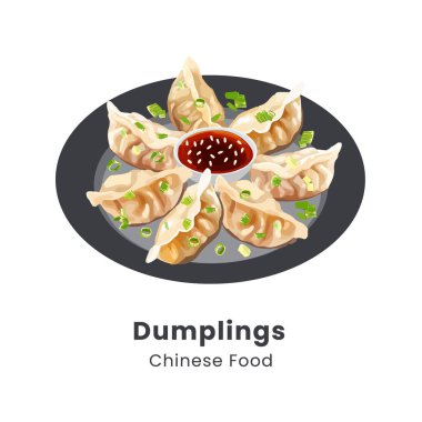 Hamur köftesi ya da tabakta sos olan bir gyoza. El çizimi suluboya vektör çizimi