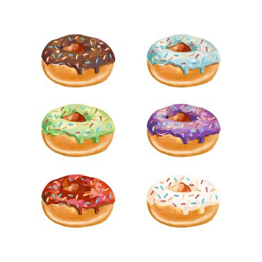 Renkli jöleli ve renkli şekerli donutların el çizimi vektör çizimi