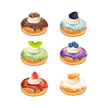 Renkli jöleli ve renkli şekerli donutların el çizimi vektör çizimi