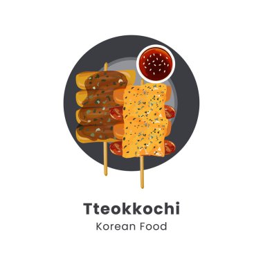 Geleneksel Kore sokak yiyeceklerinin el çizimi vektör çizimi pirinç keki şişleri veya tteokkochi