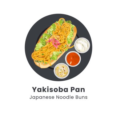 Yakisoba Pan Japon Erişte Sandviçi 'nin el çizimi illüstrasyonu