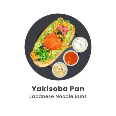 Yakisoba Pan Japon Erişte Sandviçi 'nin el çizimi illüstrasyonu
