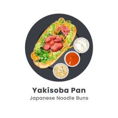 Yakisoba Pan Japon Erişte Sandviçi 'nin el çizimi illüstrasyonu
