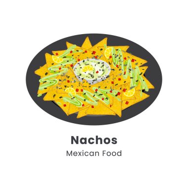 Peynirli, biberli ve guacamole soslu Nachos 'un el çizimi çizimi çizimi.