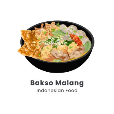 Elle çizilmiş Bakso Malang veya Köfte çorbası erişte, tofu ve kızarmış hamur köftesi ile servis edilen geleneksel Endonezya yemeği.