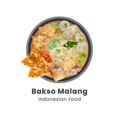 Elle çizilmiş Bakso Malang veya Köfte çorbası erişte, tofu ve kızarmış hamur köftesi ile servis edilen geleneksel Endonezya yemeği.