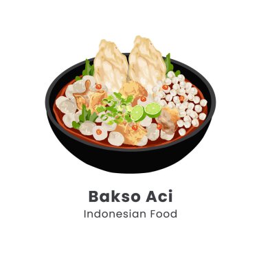 Endonezya 'dan gelen geleneksel Baso Aci yemeklerinin el yapımı vektör çizimi muhallebi köfteleri ve baharatlı et suyunda tofudan oluşur.
