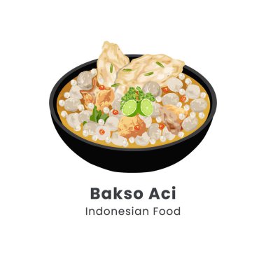 Endonezya 'dan gelen geleneksel Baso Aci yemeklerinin el yapımı vektör çizimi muhallebi köfteleri ve baharatlı et suyunda tofudan oluşur.