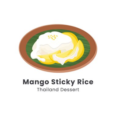 Mango Yapışkan Pirinç 'in el çizimi vektör çizimi. Lezzetli olgun mango ve hindistan cevizi sütüyle yapış yapış pirinç, orkidelerle süslenmiş kızarmış yeşil fasulye, muz yaprağında pandan yaprağı.. 