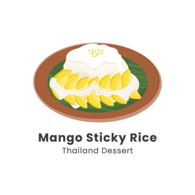 Mango Yapışkan Pirinç 'in el çizimi vektör çizimi. Lezzetli olgun mango ve hindistan cevizi sütüyle yapış yapış pirinç, orkidelerle süslenmiş kızarmış yeşil fasulye, muz yaprağında pandan yaprağı.. 