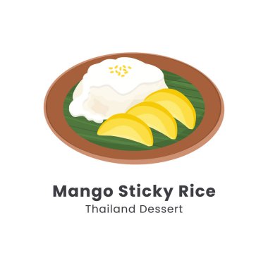 Mango Yapışkan Pirinç 'in el çizimi vektör çizimi. Lezzetli olgun mango ve hindistan cevizi sütüyle yapış yapış pirinç, orkidelerle süslenmiş kızarmış yeşil fasulye, muz yaprağında pandan yaprağı.. 